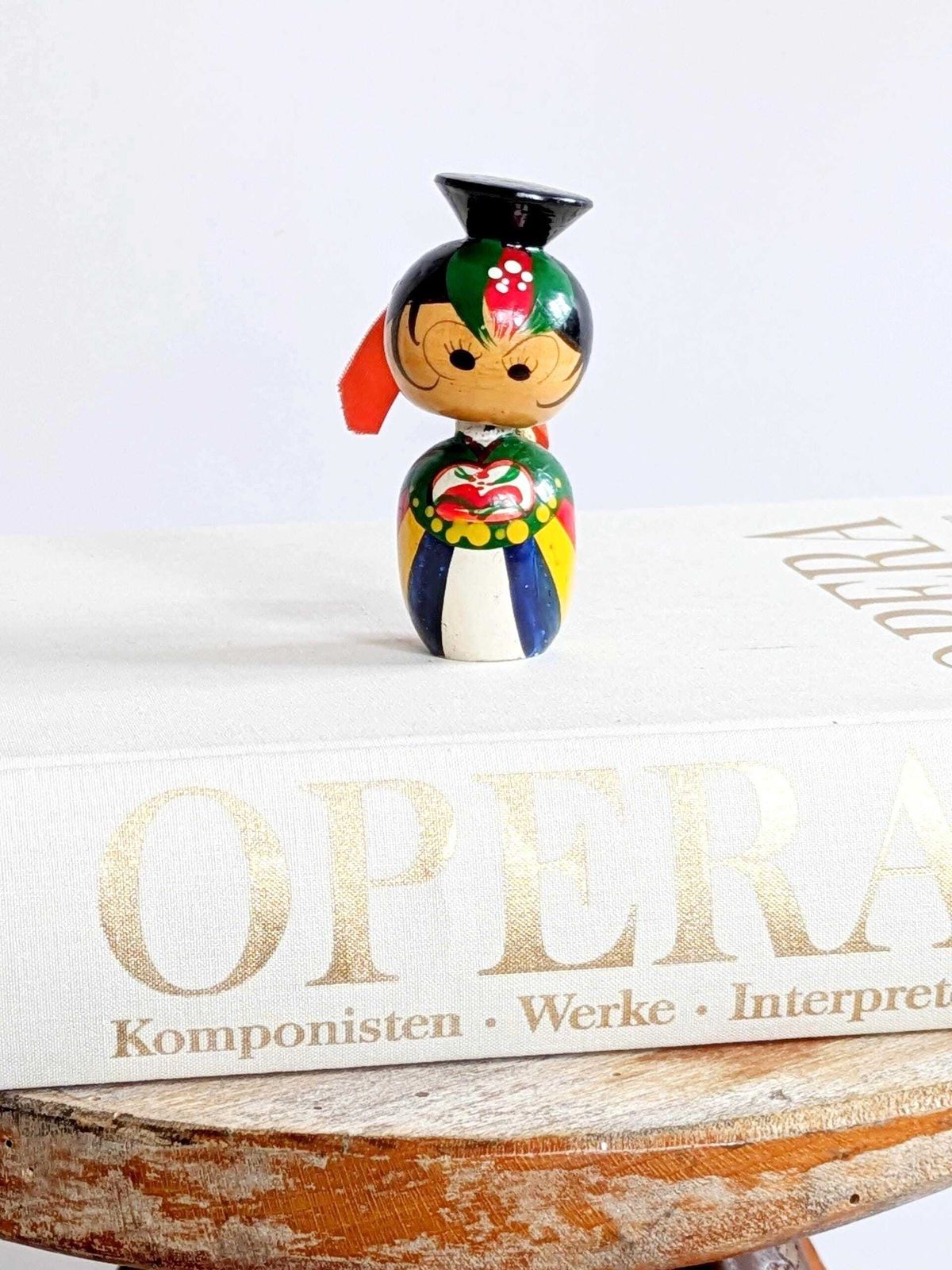 Vintage Kokeshi Style Bobblehead Doll Bride, Korean Hand Painted Wooden Nodder Bride Figurine photo furniture