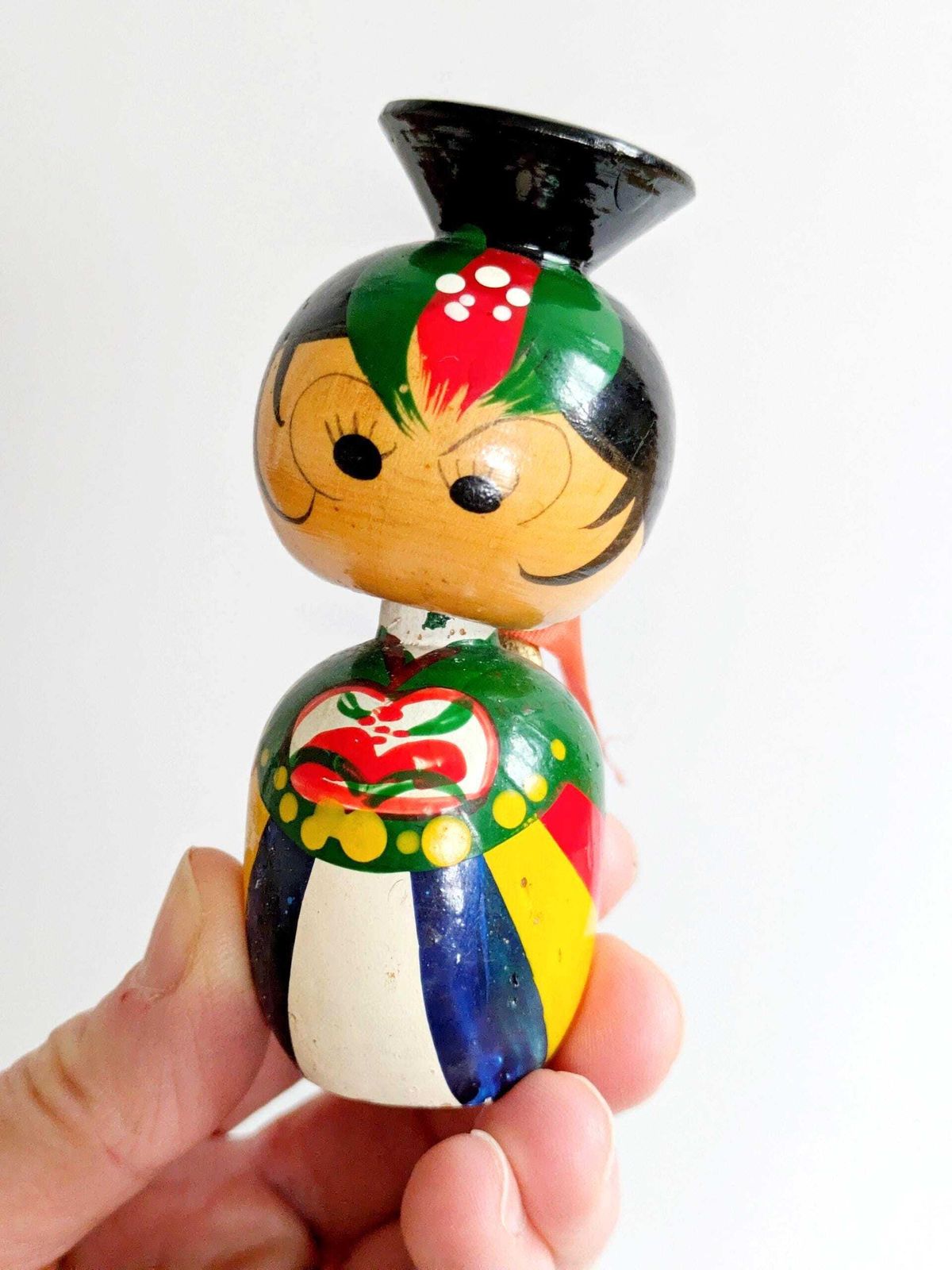 Vintage Kokeshi Style Bobblehead Doll Bride, Korean Hand Painted Wooden Nodder Bride Figurine photo for sale