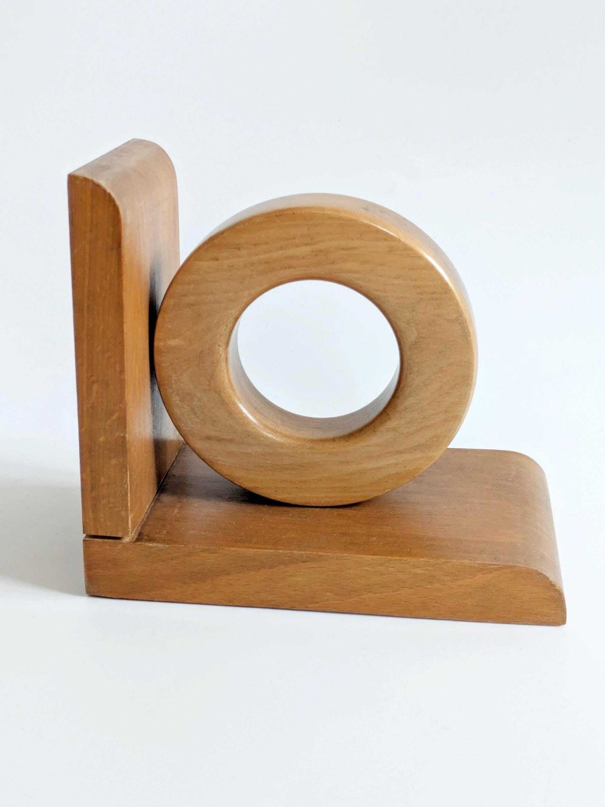 Midcentury Wooden Bookends Pair, Bauhaus Art Deco Style Hoop Design, Sculptural Shelf Decor photo 218.0