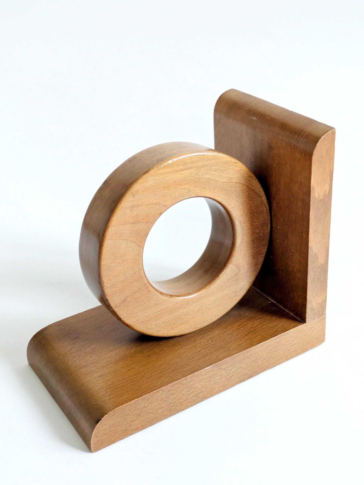 Midcentury Wooden Bookends Pair, Bauhaus Art Deco Style Hoop Design, Sculptural Shelf Decor photo buy