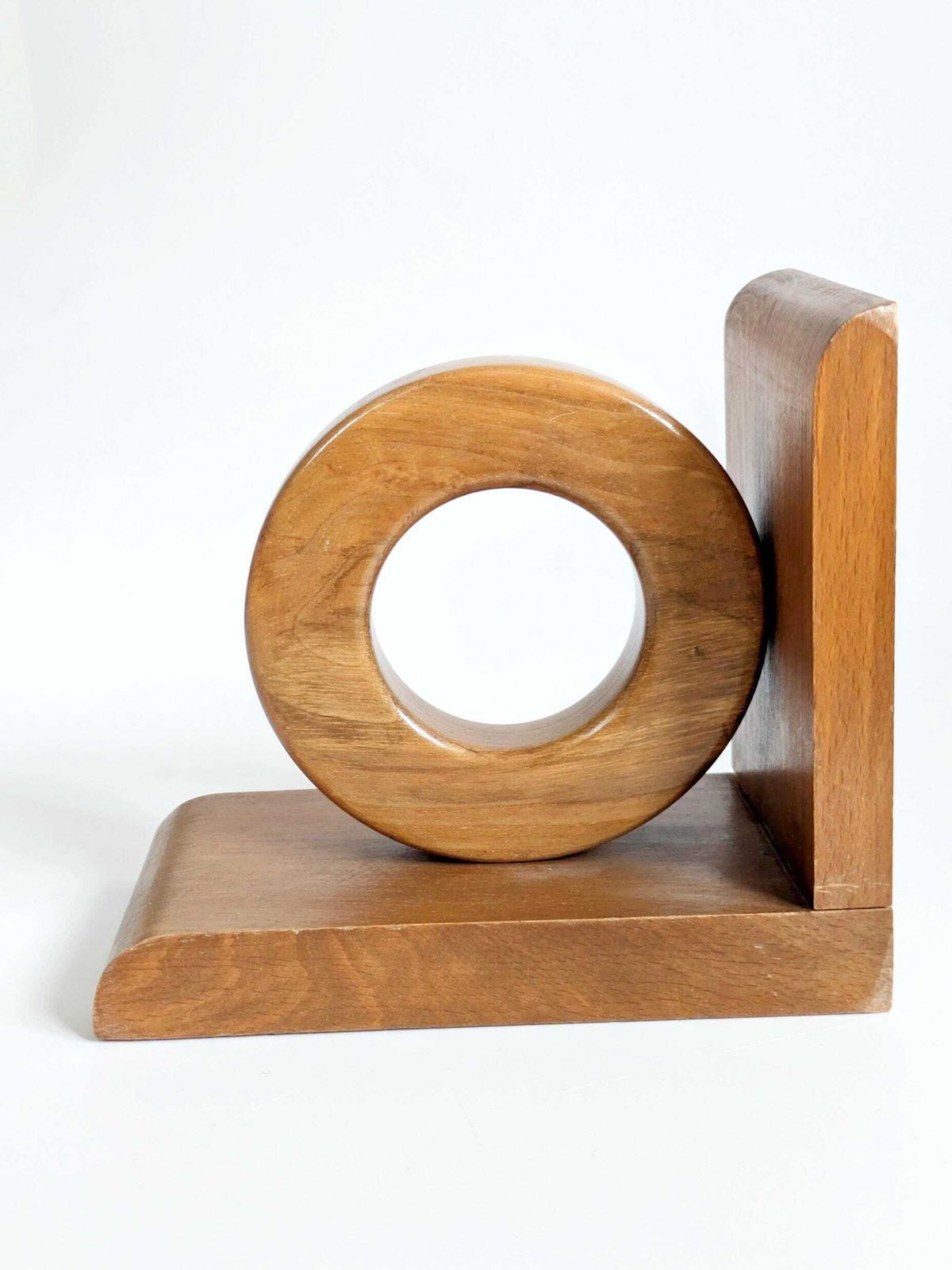 photo for sale Midcentury Wooden Bookends Pair, Bauhaus Art Deco Style Hoop Design, Sculptural Shelf Decor