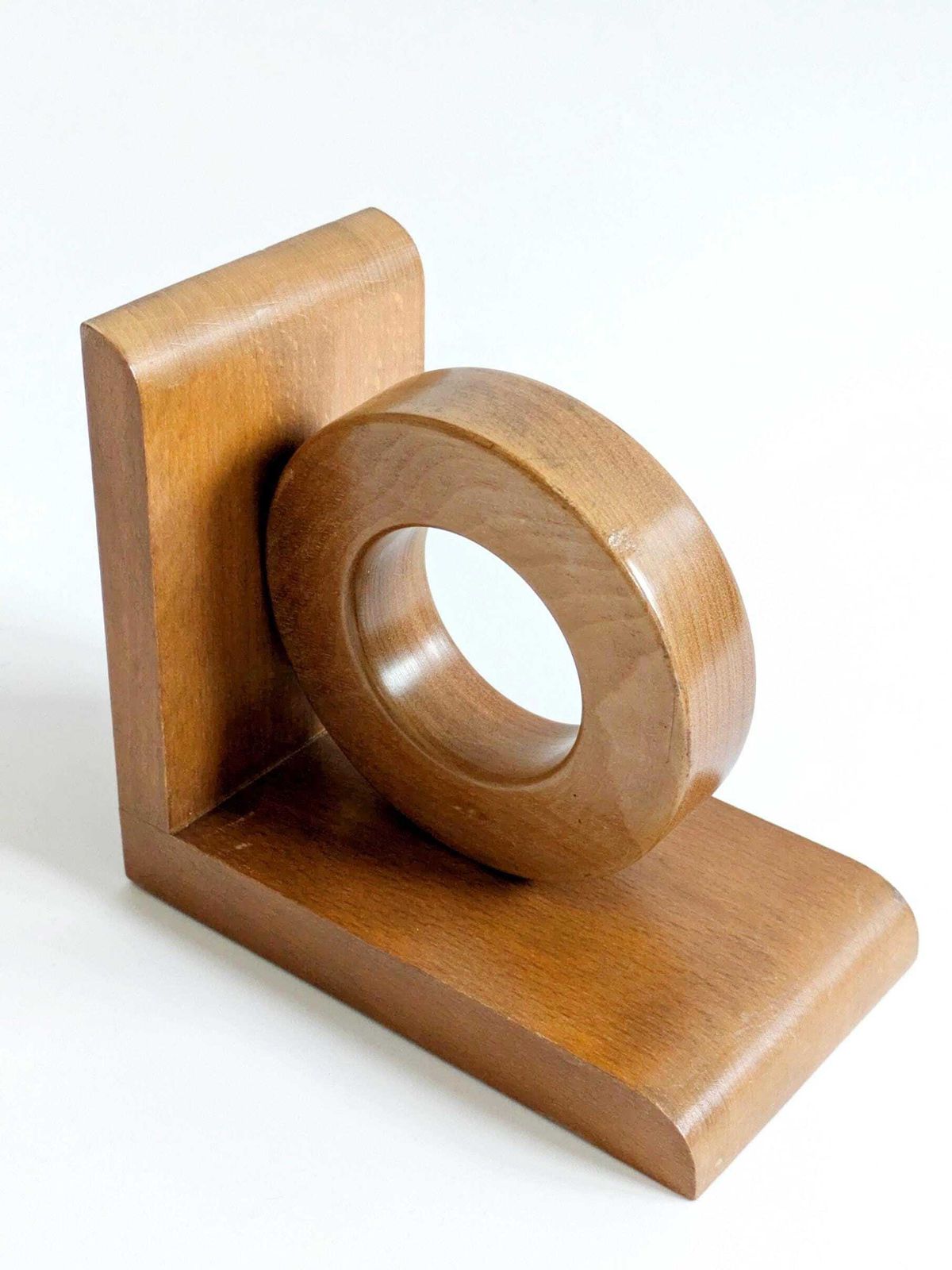 Home Decor Midcentury Wooden Bookends Pair, Bauhaus Art Deco Style Hoop Design, Sculptural Shelf Decor photo