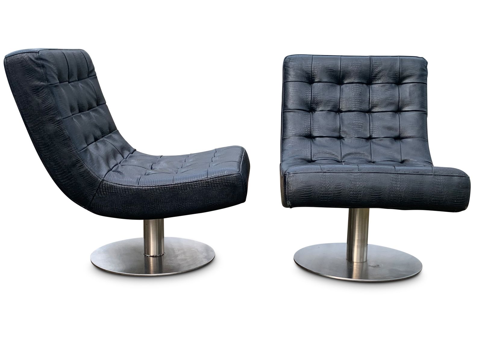 Pair Of Arne Norell Faux Black Crocodile Mid Century Modern Design Lounge Chairs. Raised On Very Heavy Pedestal Circular Swivel Bases. photo 2830.0
