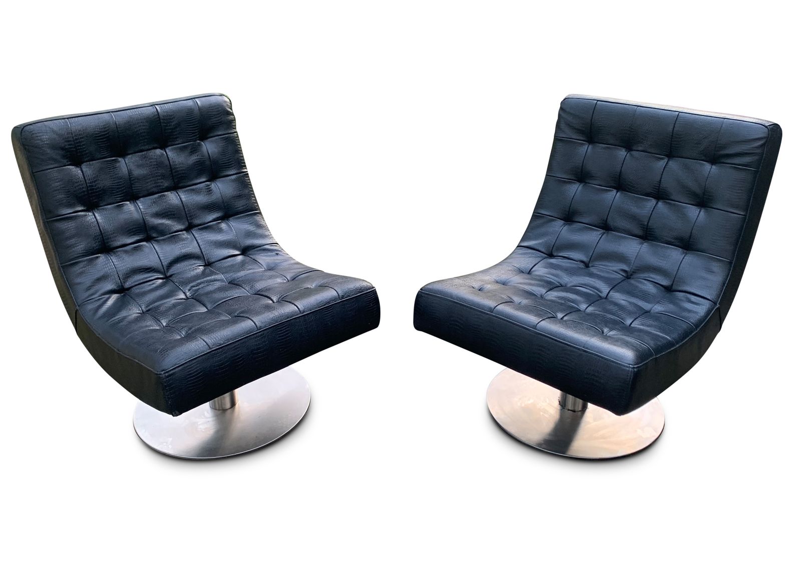 Pair Of Arne Norell Faux Black Crocodile Mid Century Modern Design Lounge Chairs. Raised On Very Heavy Pedestal Circular Swivel Bases.