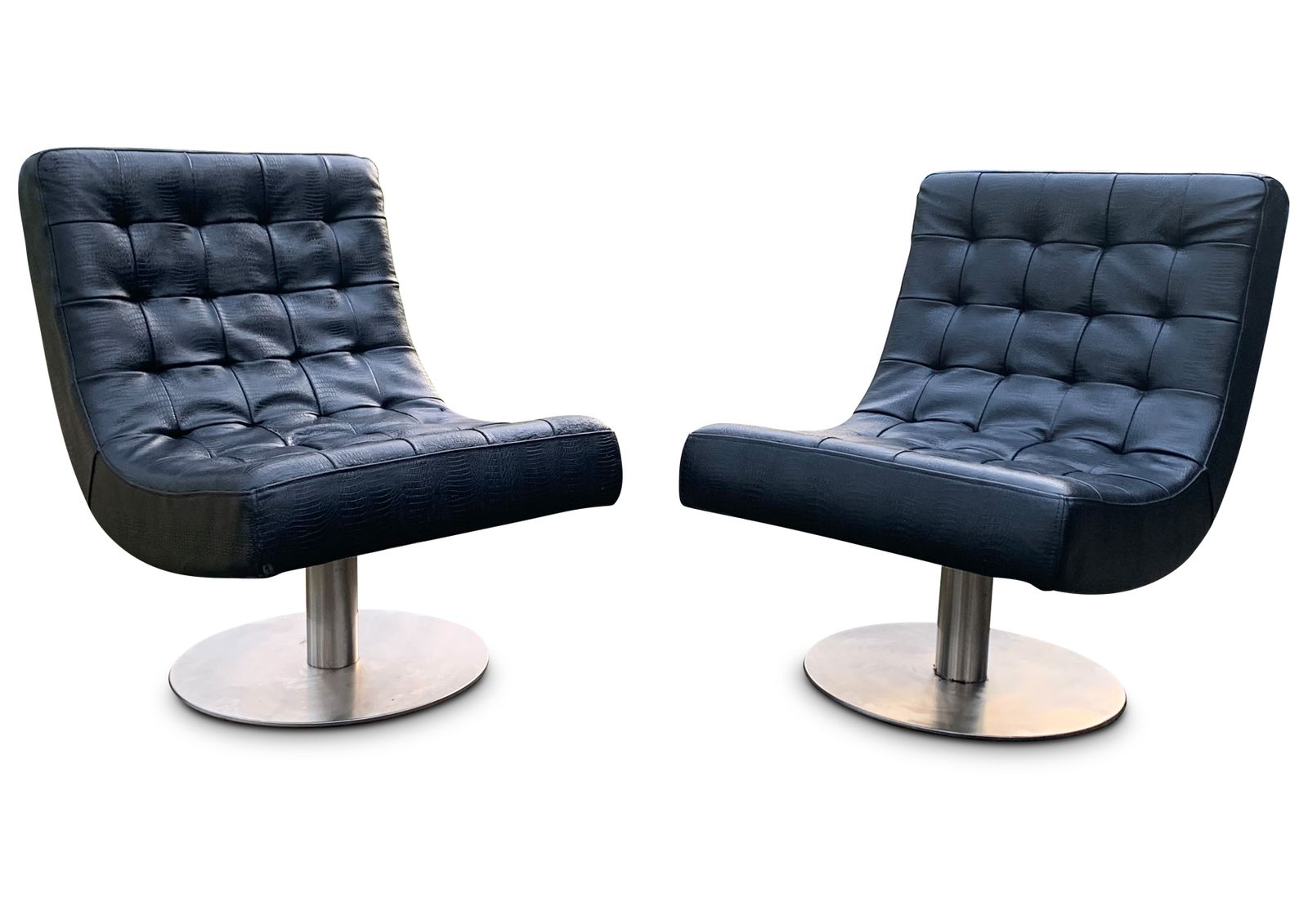 Pair Of Arne Norell Faux Black Crocodile Mid Century Modern Design Lounge Chairs. Raised On Very Heavy Pedestal Circular Swivel Bases. photo furniture