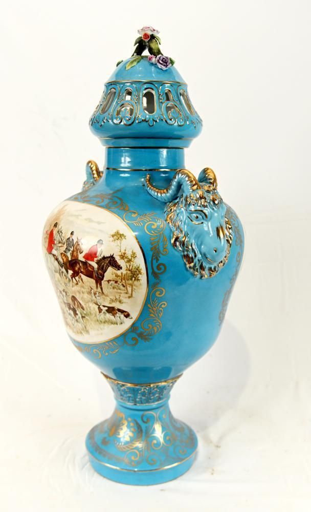 Sevres Style Porcelain Lidded Urns Vases Paris French With Hunting Scenes photo furniture