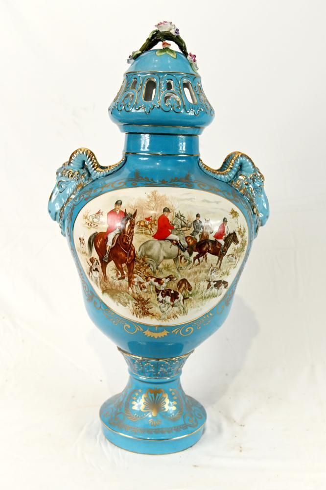 Sevres Style Porcelain Lidded Urns Vases Paris French With Hunting Scenes photo Home Decor