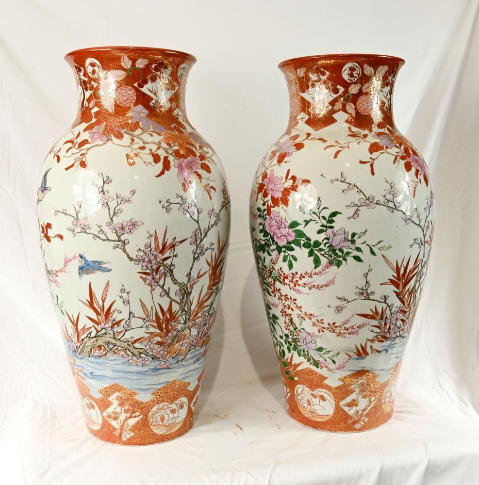 Pair Antique Japanese Satsuma Porcelain Floor Vases With Bird And Blossom Decoration photo furniture