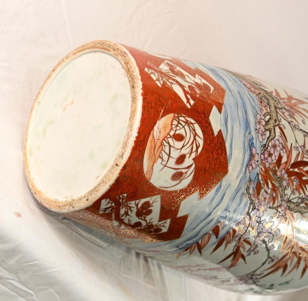 3650.0 Pair Antique Japanese Satsuma Porcelain Floor Vases With Bird And Blossom Decoration photo