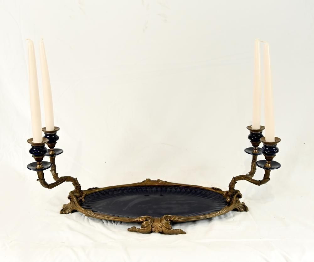 French Style Gilt Bronze Plateau With Twin Candelabra Arms And Blue Glass Inserts