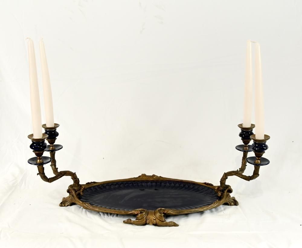 French Style Gilt Bronze Plateau With Twin Candelabra Arms And Blue Glass Inserts photo furniture