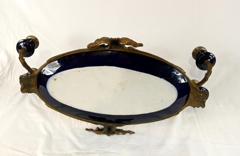 French Style Gilt Bronze Plateau With Twin Candelabra Arms And Blue Glass Inserts photo vinterior