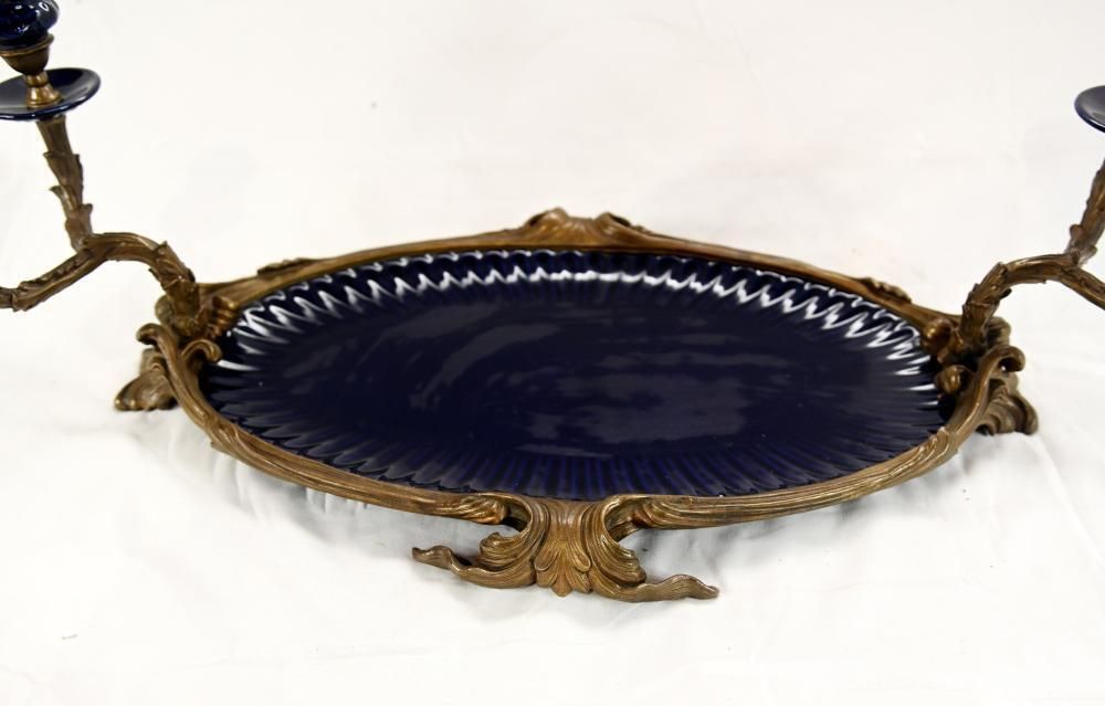 French Style Gilt Bronze Plateau With Twin Candelabra Arms And Blue Glass Inserts photo buy