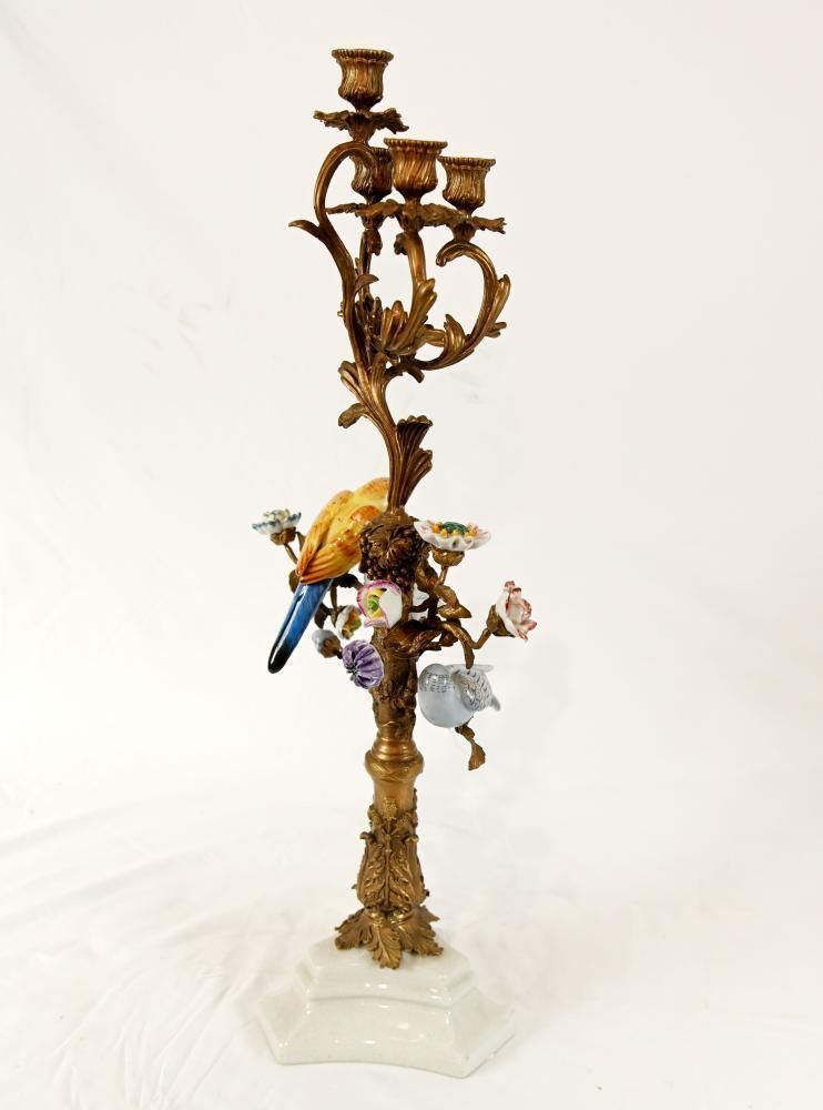 Pair French Gilt Candelabra Bird Porcelain Figural Candles photo vintage
