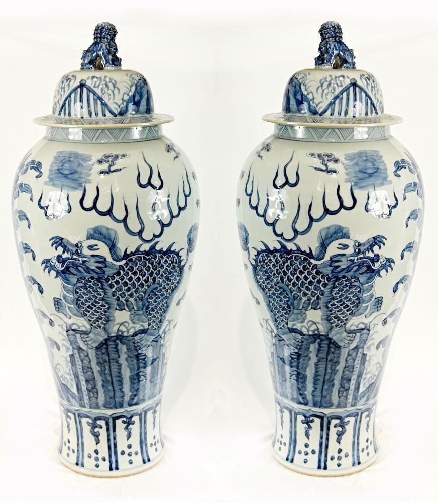 Pair Chinese Blue White Porcelain Lidded Vases Mythical Beast Dragon 4ft 109