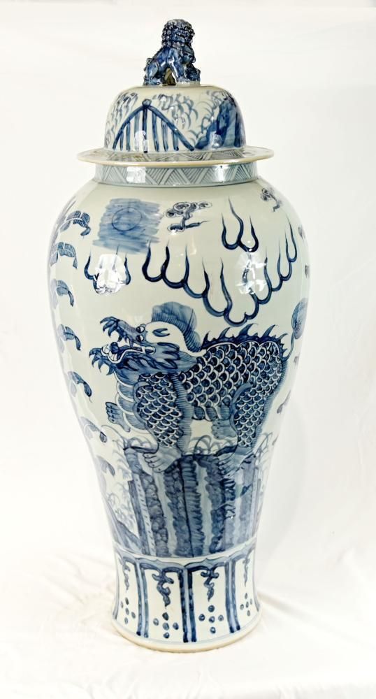 Pair Chinese Blue White Porcelain Lidded Vases Mythical Beast Dragon 4ft 109 photo furniture