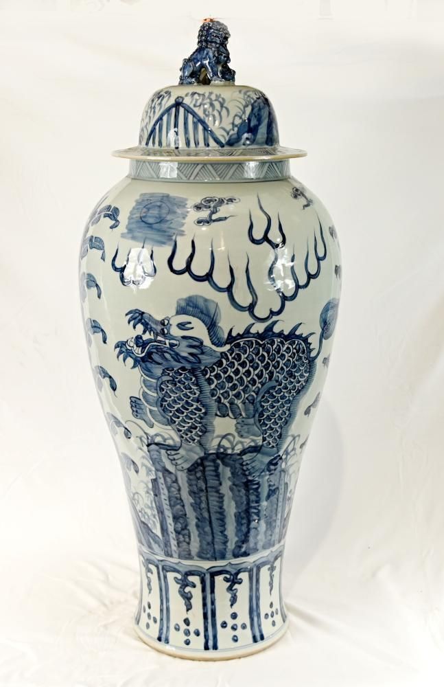 Pair Chinese Blue White Porcelain Lidded Vases Mythical Beast Dragon 4ft 109 photo for sale