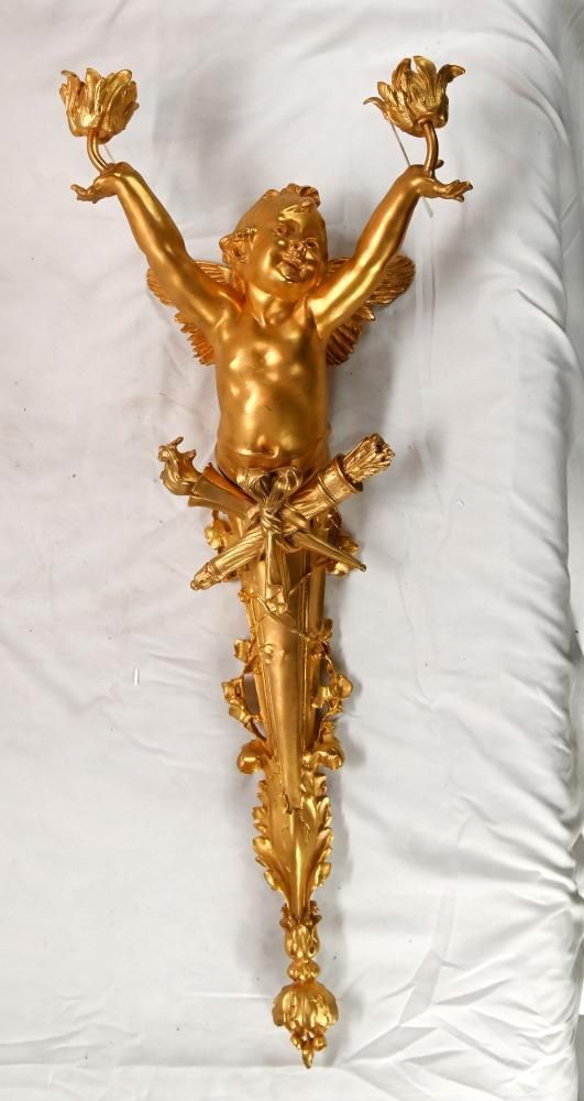 Pair French Gilt Bronze Cherub Wall Lights Louis XVI Revival photo 1295.0