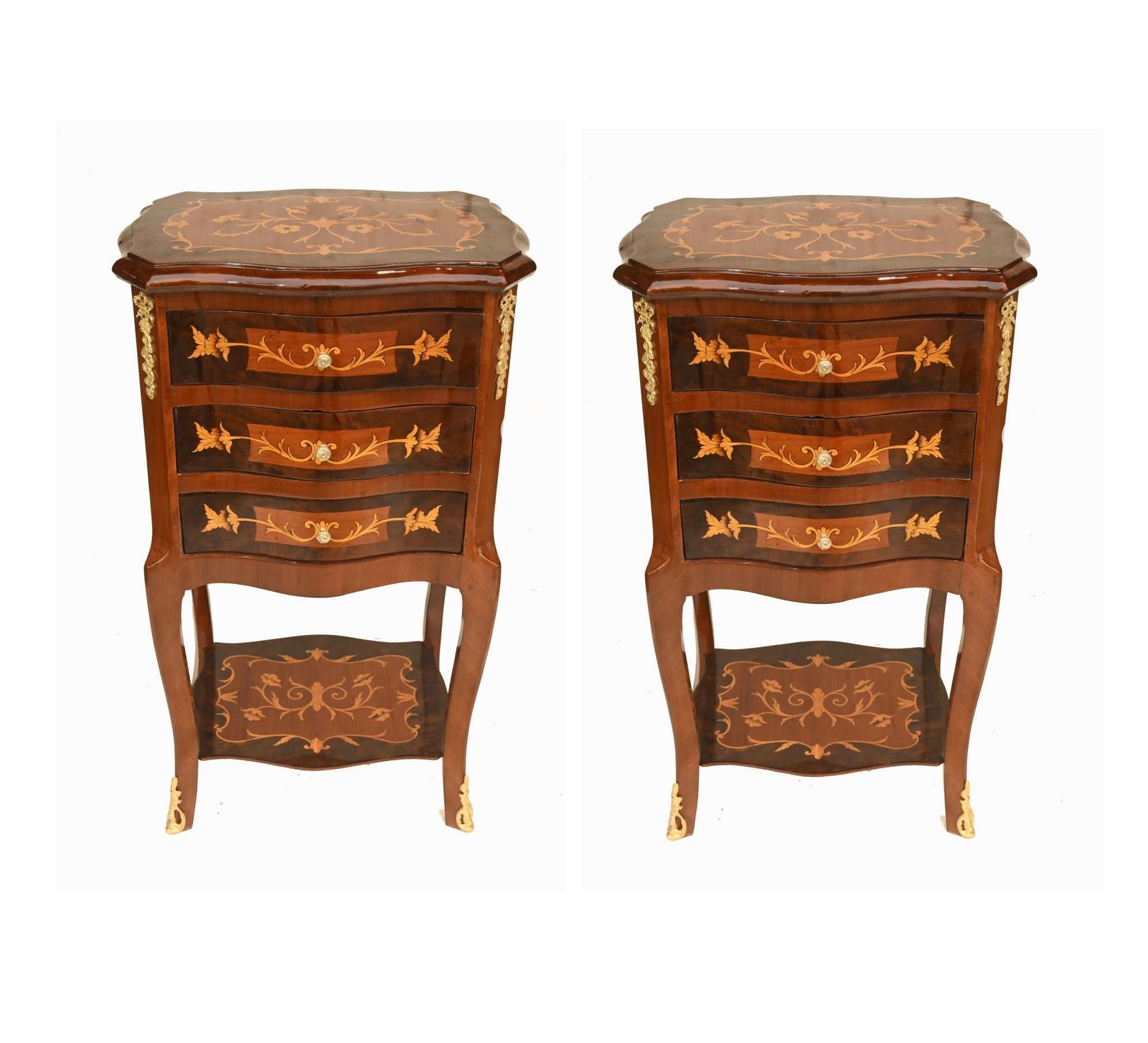 Pair French Kingwood & Marquetry Bedside Tables Louis XV Style
