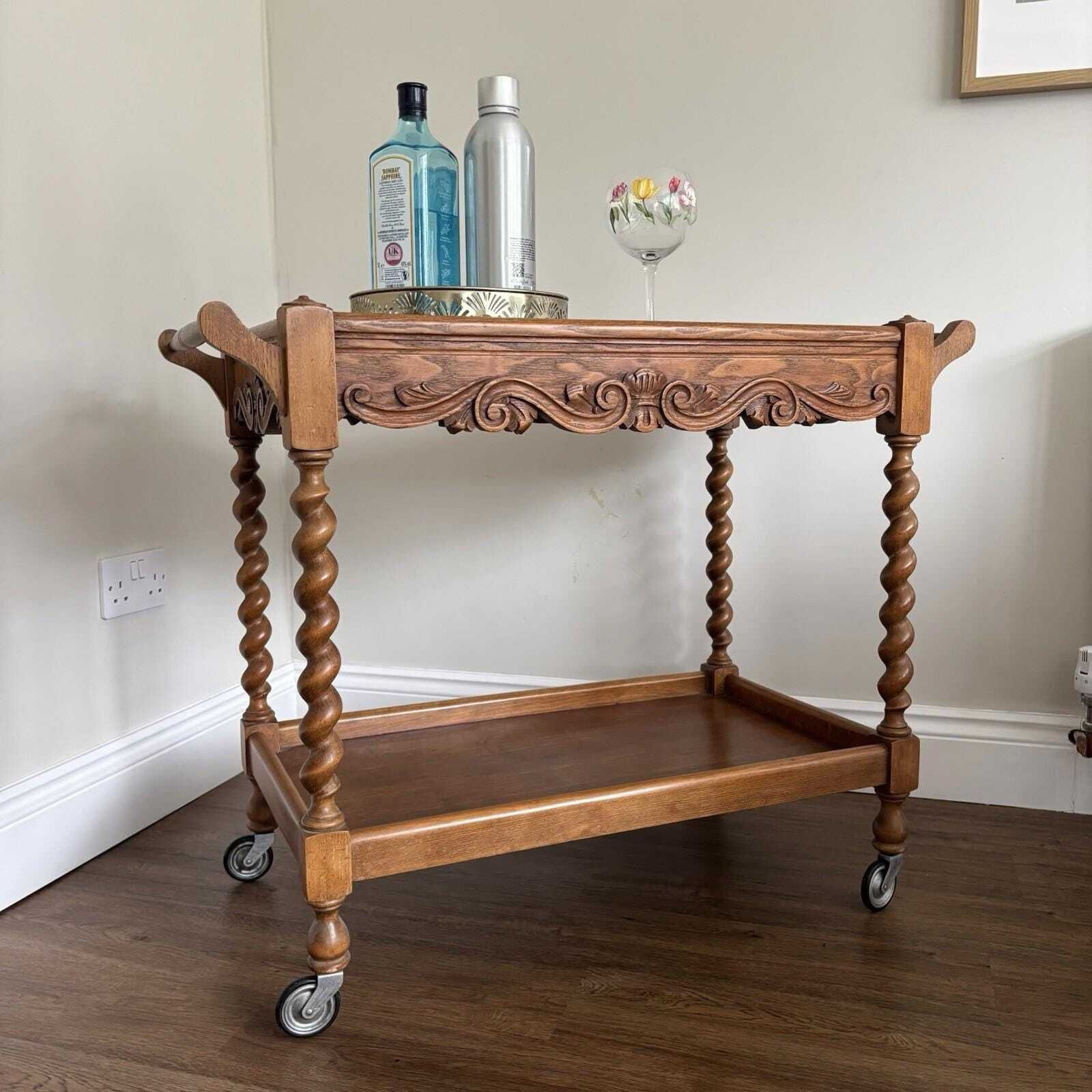 Furniture Vintage Wooden Drinks Trolley With Carved Detail, Bar Cart On Castors photo