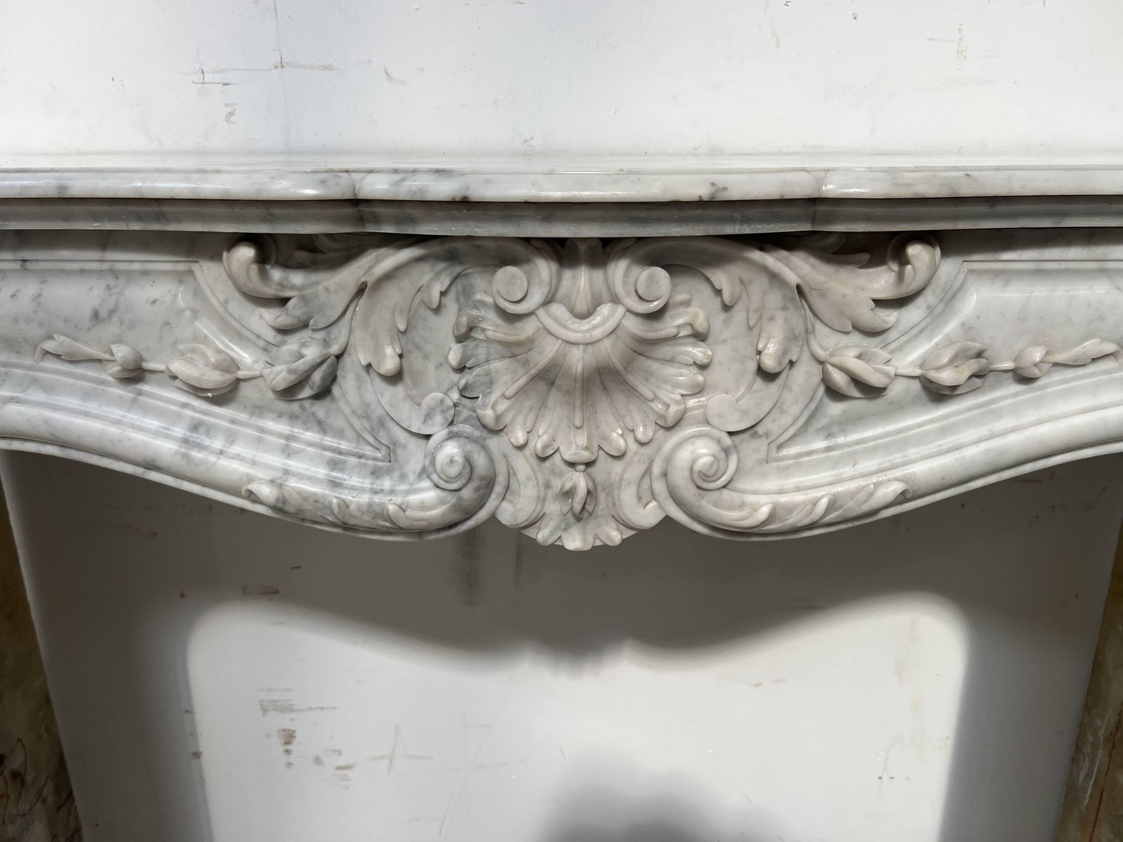photo for sale Louis XV Style White Carrara Marble Fireplace, 19th Century.