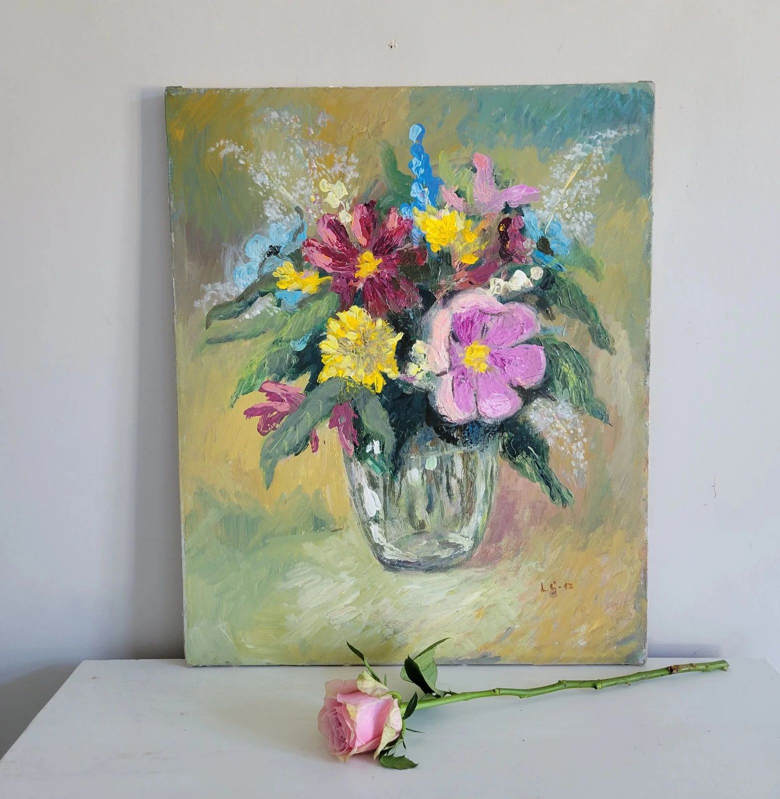 photo for sale Garden Flowers In Glass  Original Vintage Floral Oil Painting