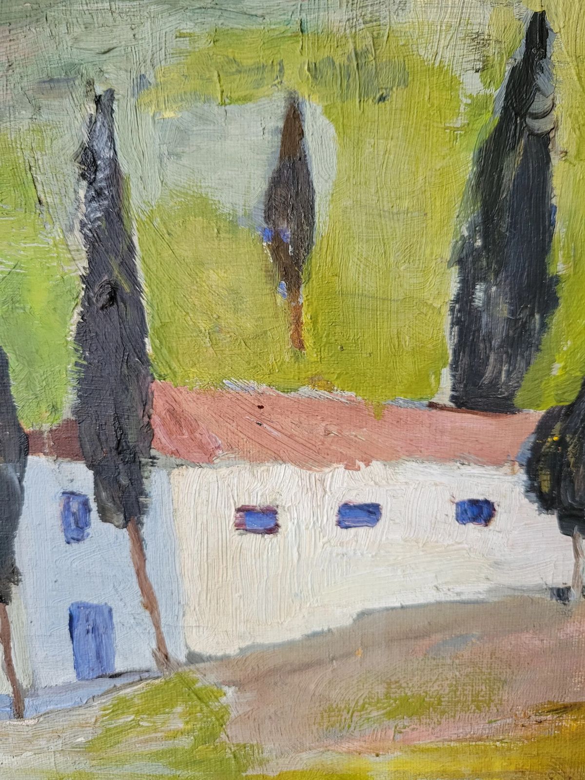 Art White House & Cypress Trees   Mid Century Vintage Landscape Painting photo