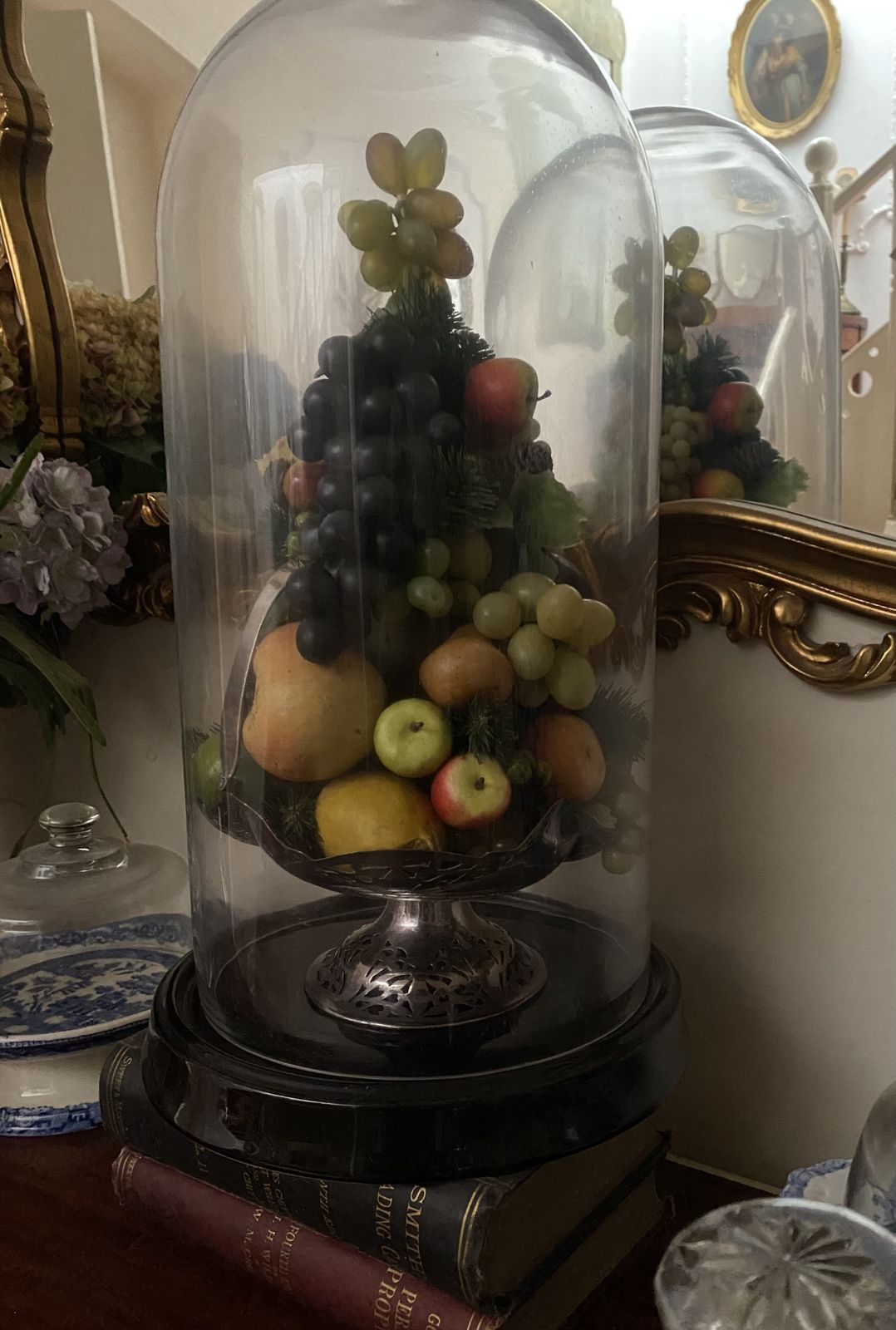 Victorian Style Glass Dome On Black Base Complete With Arrangement Of Fruit In Silver Plated Basket photo for sale