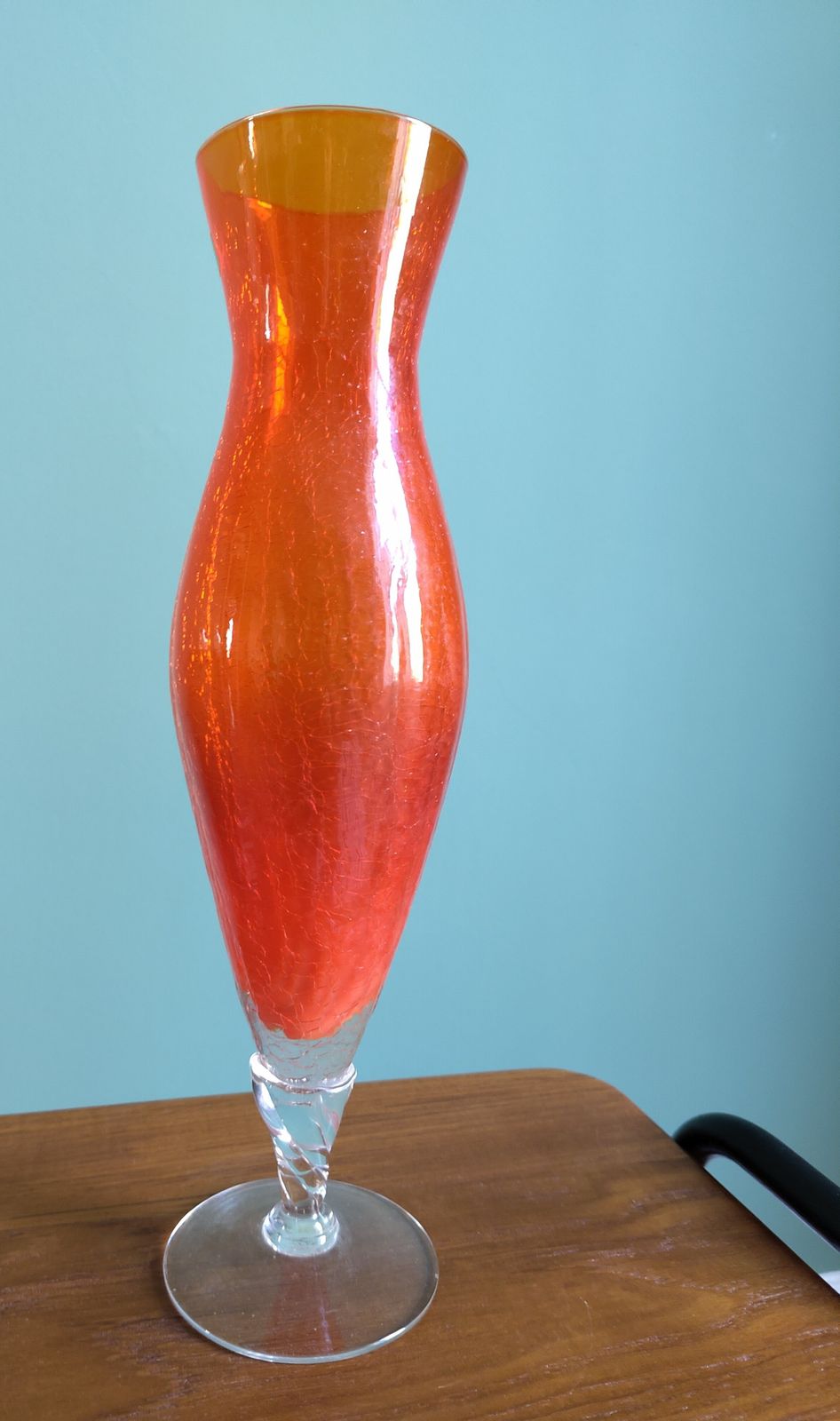 Elegant Mid‑Century Italian Cased Glass Vase (C. 1960s–1970s) Clear Over Bright Orange • Twisted Stem • Crinkled Inner Texture • 37.5 Cm • Original Sticker photo for sale