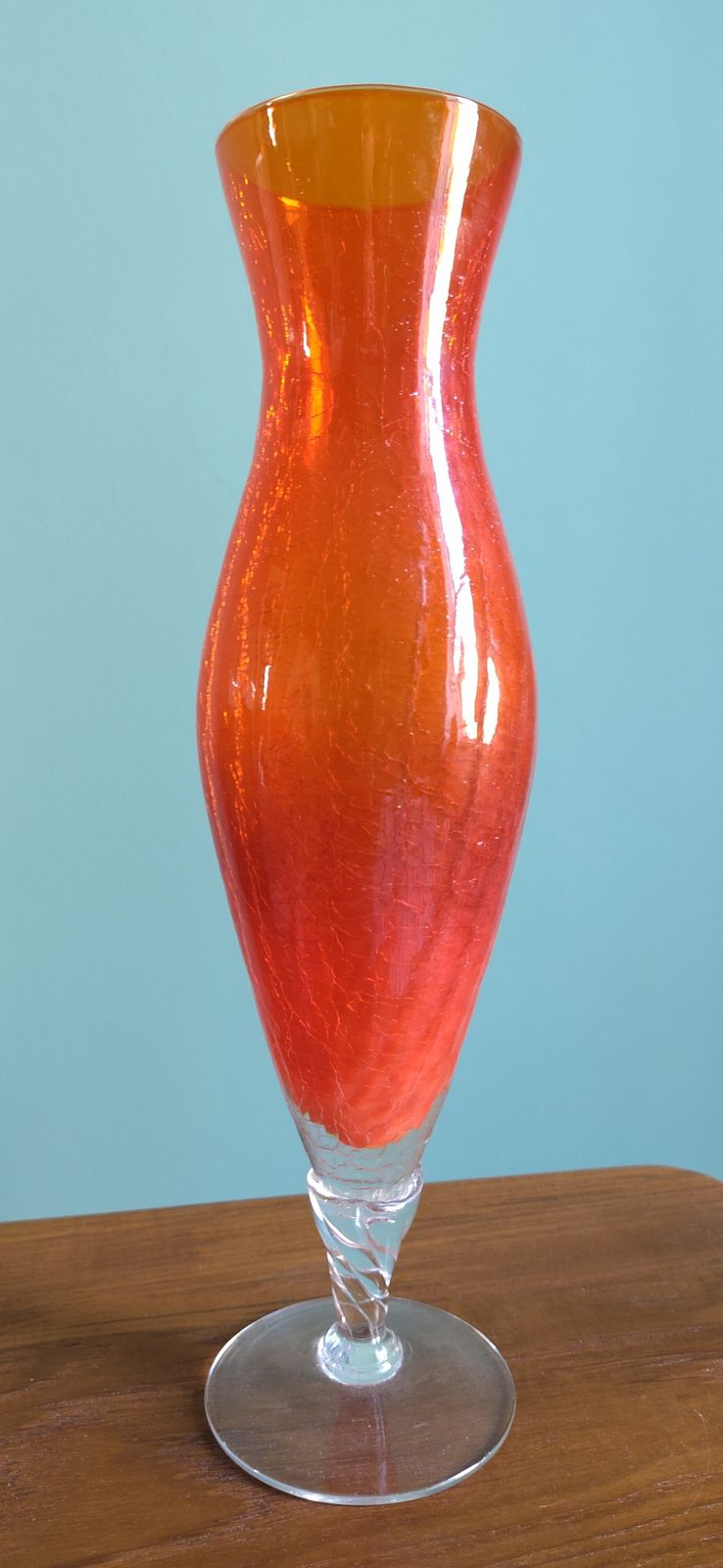 Elegant Mid‑Century Italian Cased Glass Vase (C. 1960s–1970s) Clear Over Bright Orange • Twisted Stem • Crinkled Inner Texture • 37.5 Cm • Original Sticker photo Art