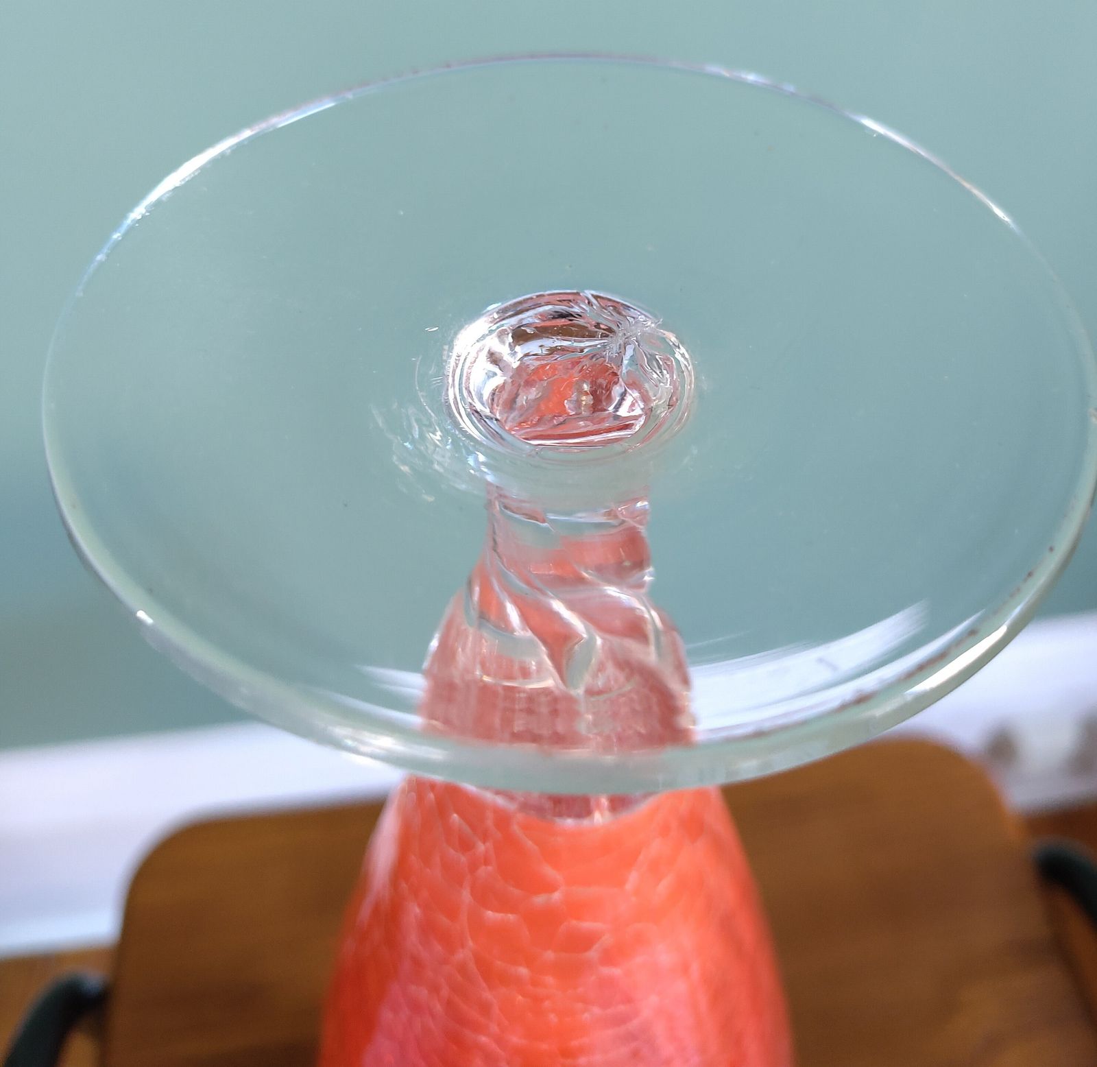 Art Elegant Mid‑Century Italian Cased Glass Vase (C. 1960s–1970s) Clear Over Bright Orange • Twisted Stem • Crinkled Inner Texture • 37.5 Cm • Original Sticker photo
