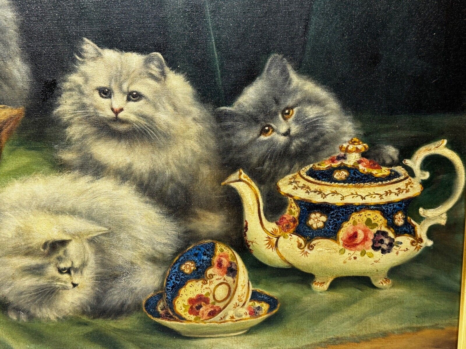 Masterpiece Painting: Persian Kittens Playing Tea Party Signed By Agnes Augusta Talboys Rwa (British, 1863–1940) photo vintage