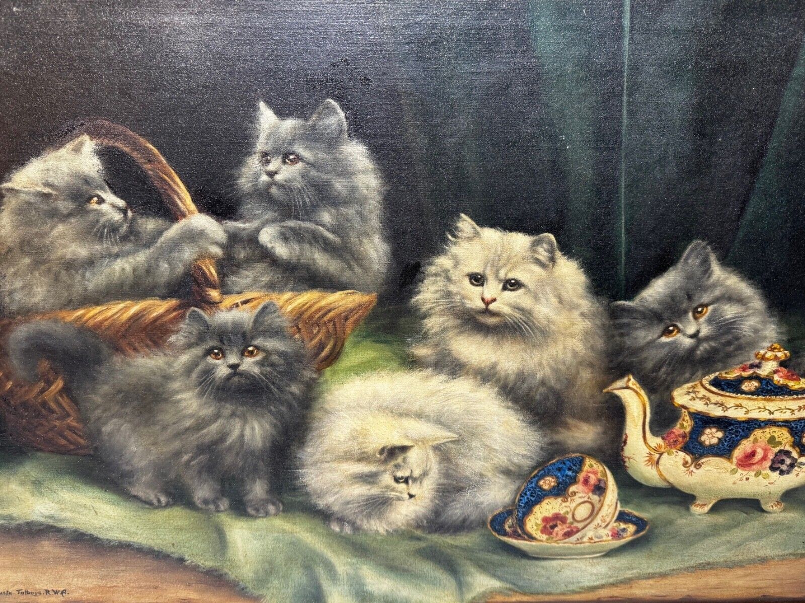 photo for sale Masterpiece Painting: Persian Kittens Playing Tea Party Signed By Agnes Augusta Talboys Rwa (British, 1863–1940)