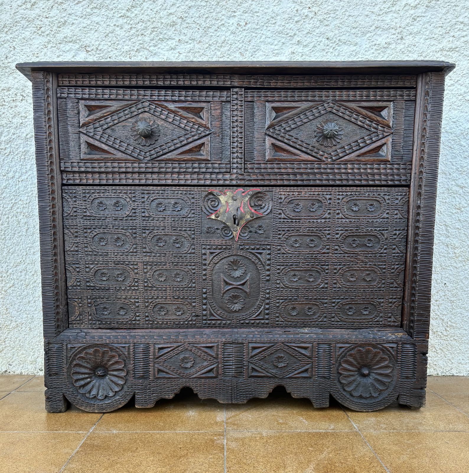Spanish Renaissance Carved Cabinet With Drop Front Door And Two Drawers, 1880s photo vintage
