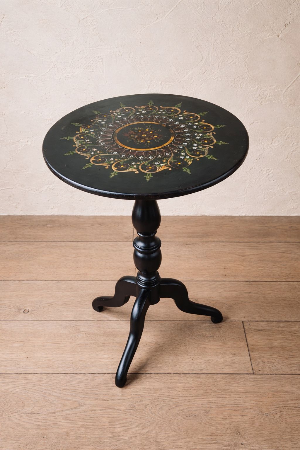 Victorian Style Ebonised & Hand Painted Occasional Table, Originally A Tilt Top,