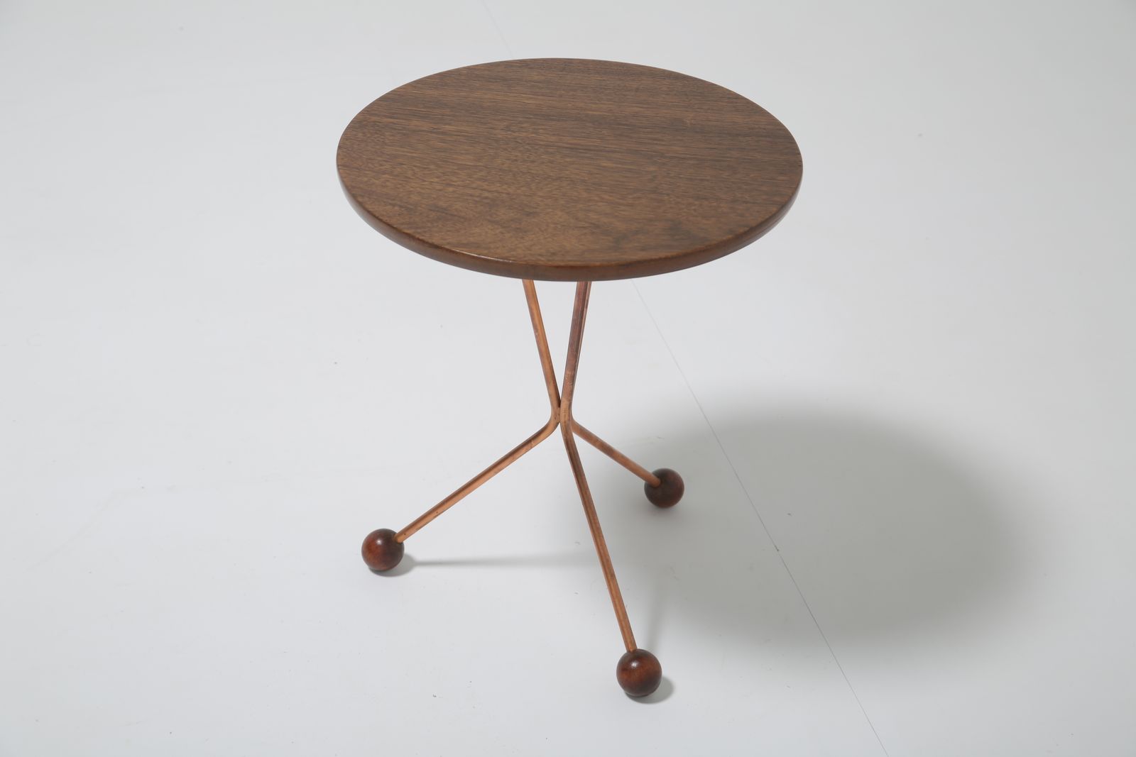 Albert Larsson For Tibro: Mid Century Tripod Side Table In Teak & Copper, Sweden, 1950s photo vinterior