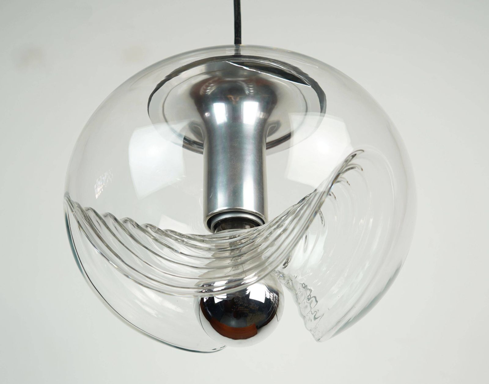 'Wave' Pendant Light In Clear Glass And Chrome By Peill & Putzler, Mid Century, 1960s photo furniture