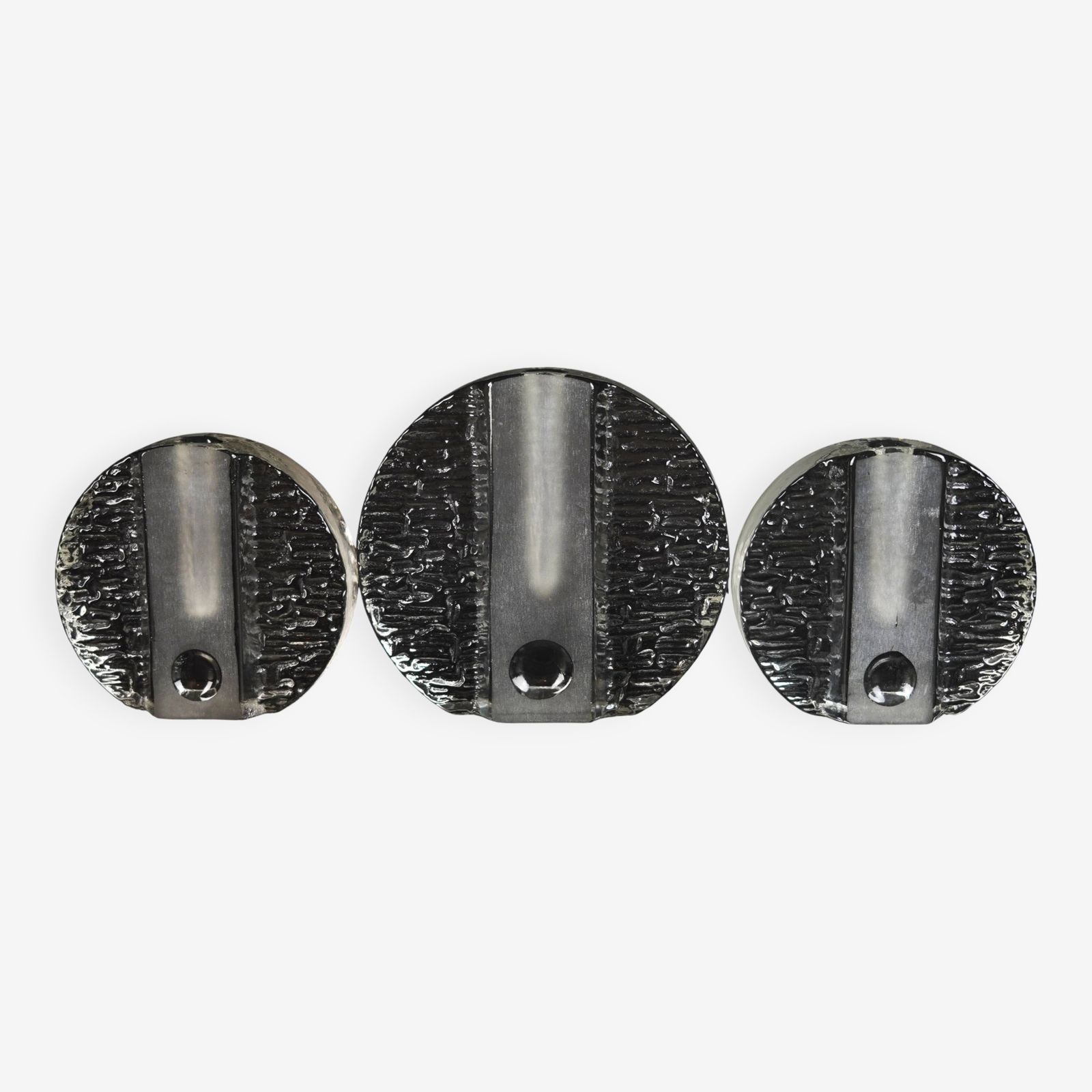 Set Of 3 Round Block Walther Glass Soliflore Vases From The 1960s And 70s, Op Art Style