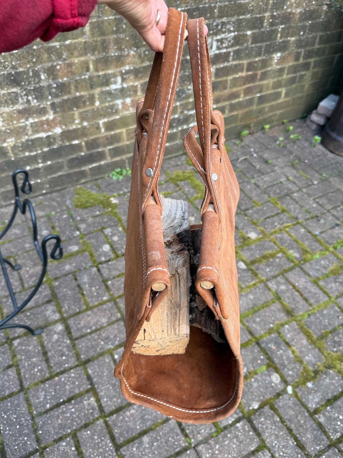 Vintage Wrought Iron Fire Basket With Leather Log Sling / Bag – Fireside Log Holder – Rustic Country Style (Late 20th Century) photo buy