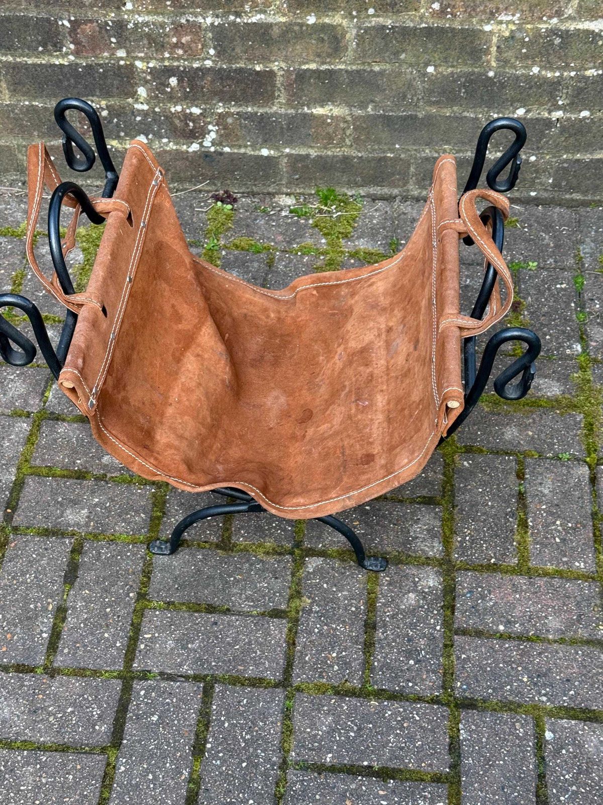 photo for sale Vintage Wrought Iron Fire Basket With Leather Log Sling / Bag – Fireside Log Holder – Rustic Country Style (Late 20th Century)