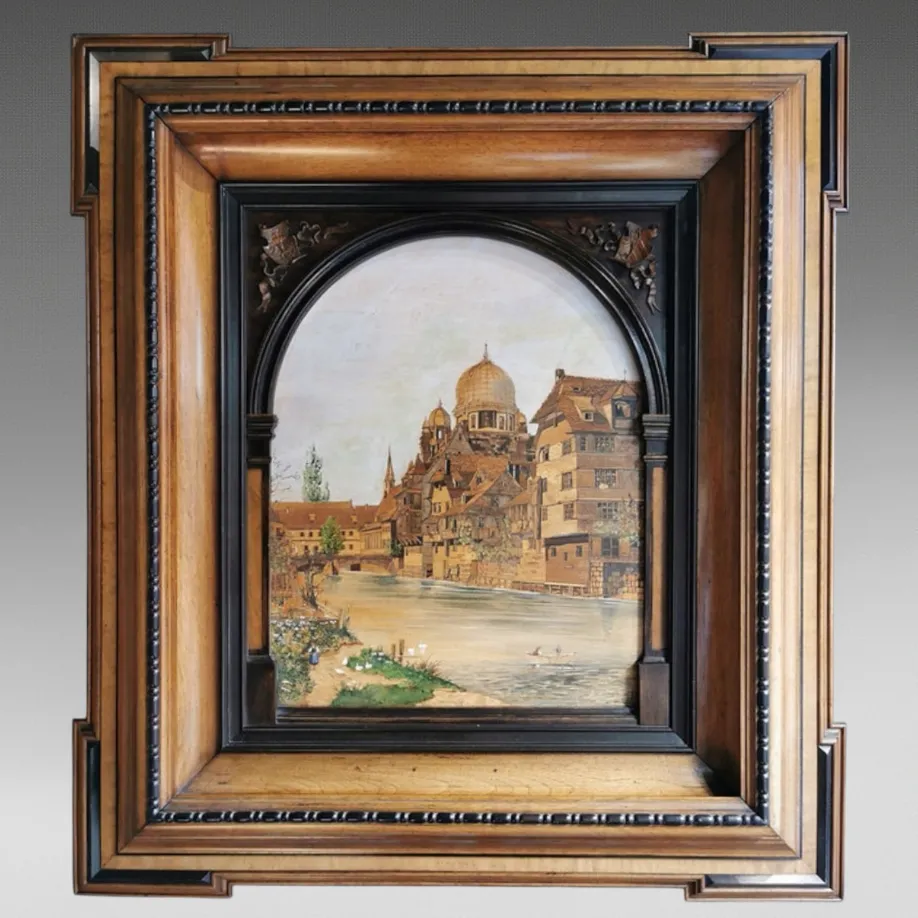 19th Century Marquetry Wall Hanging Picture Of Nuremberg Town And River Scene In Ornate Frame