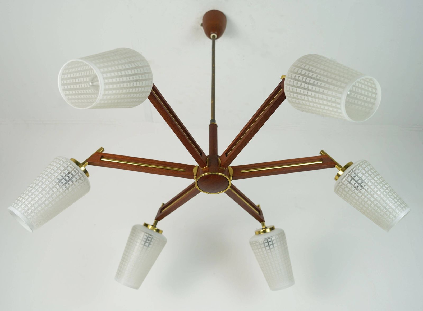 1960s Mid Century Sputnik 8 Light Chandelier Teak Brass Glass Ceiling Light photo for sale