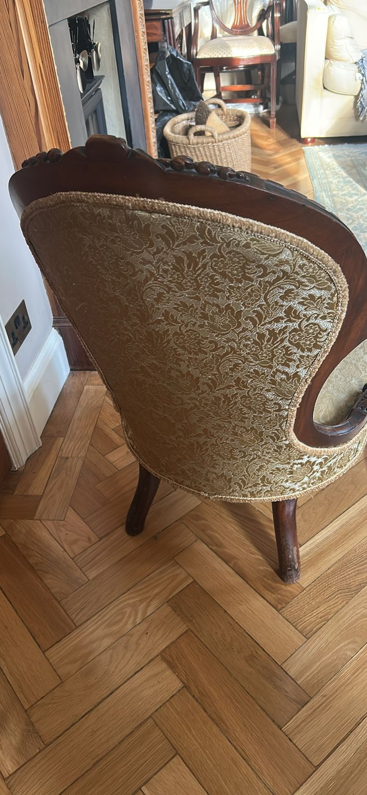 Victorian Parlour Or Fireside Mahogany Chair With Carved Cabriole Legs In Gold Damask photo for sale