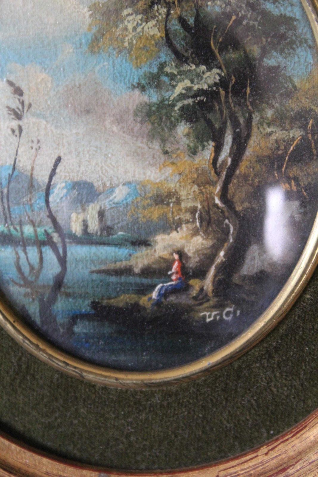 Set Of Two Small Vintage Italian Scenic Landscape Paintings, Oval Gilded Wood Frame, Convex Glass, Velvet Matting, Signed, Hand Painted, photo 110.0