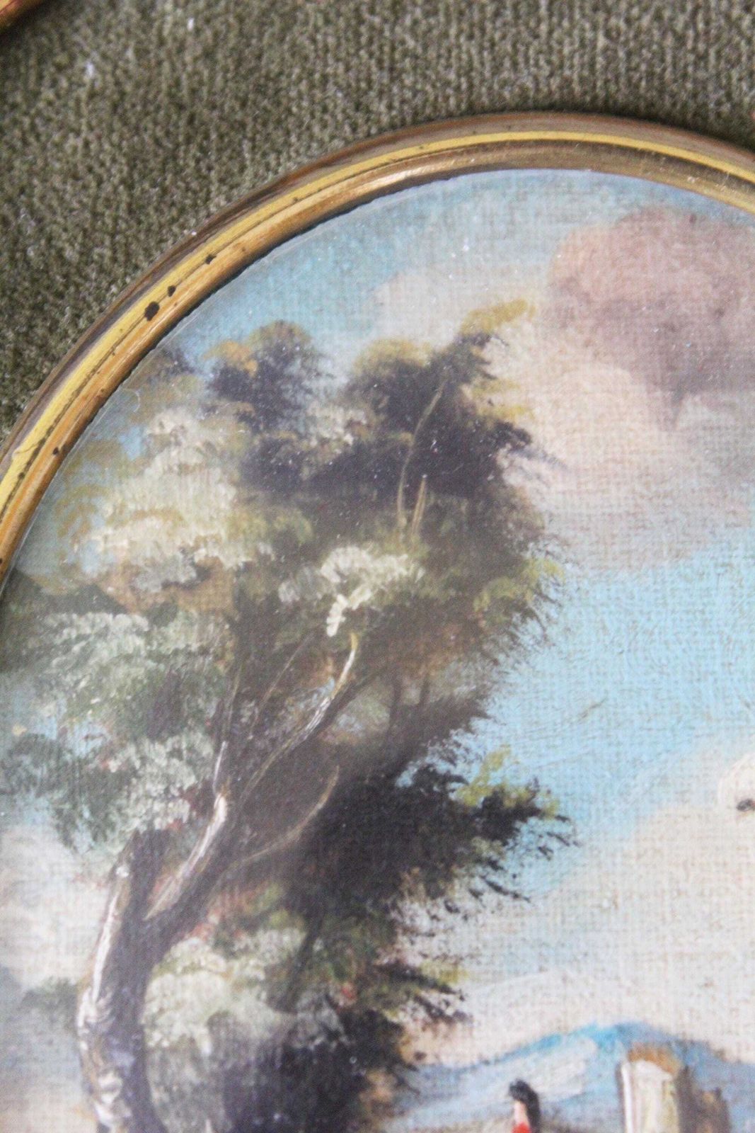 Art Set Of Two Small Vintage Italian Scenic Landscape Paintings, Oval Gilded Wood Frame, Convex Glass, Velvet Matting, Signed, Hand Painted, photo