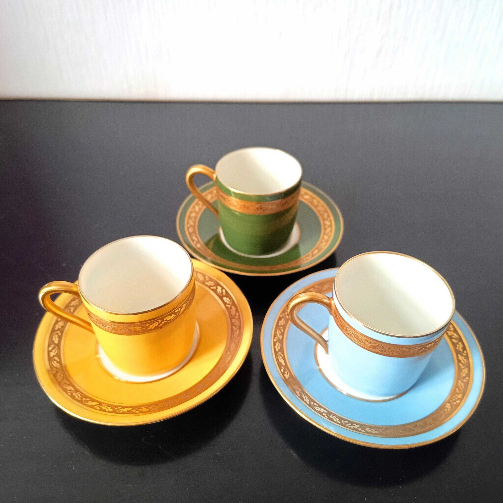 Art Deco Limoges Arlequin Collection: 3 Cups & Saucers, Acid Etched Oak Leaf Gilding, 1929