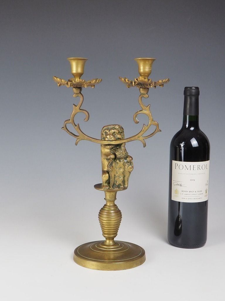 19th Century Dutch Brass Lion Candelabra Candle Holder photo furniture