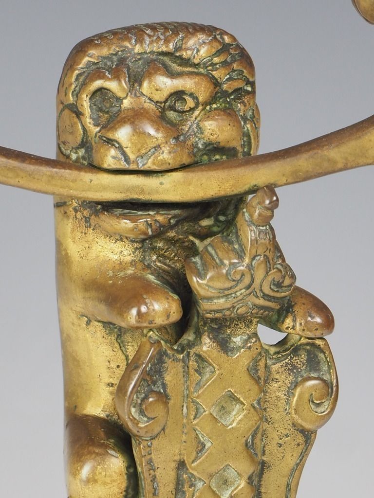 19th Century Dutch Brass Lion Candelabra Candle Holder photo 195.0