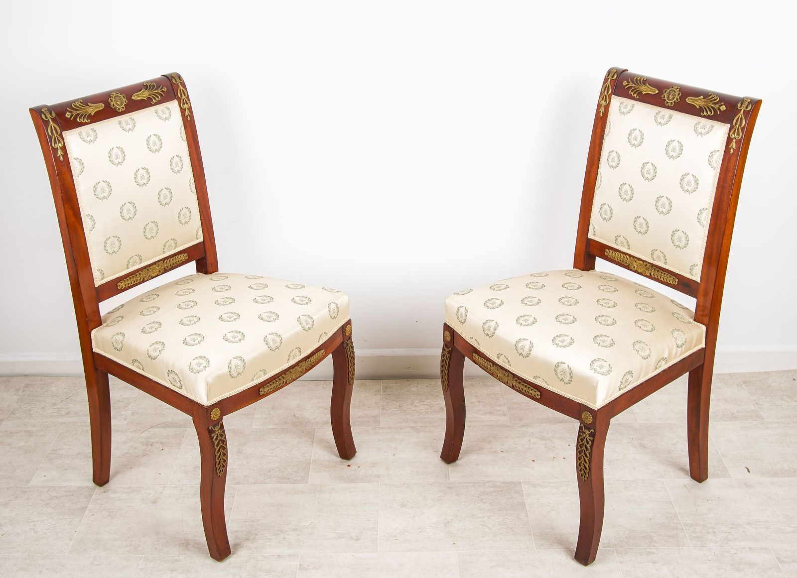 Pair Of Antique French Empire Style Mahogany Chairs With Ormolu Mounts Upholstered Seats photo furniture