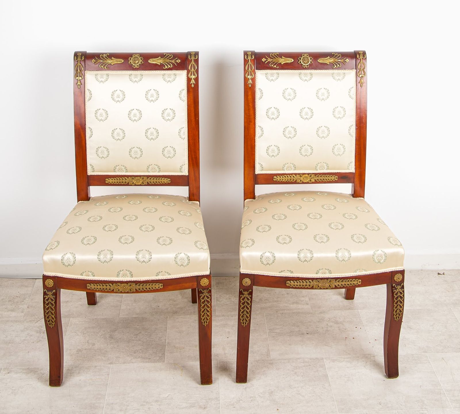 Pair Of Antique French Empire Style Mahogany Chairs With Ormolu Mounts Upholstered Seats photo for sale